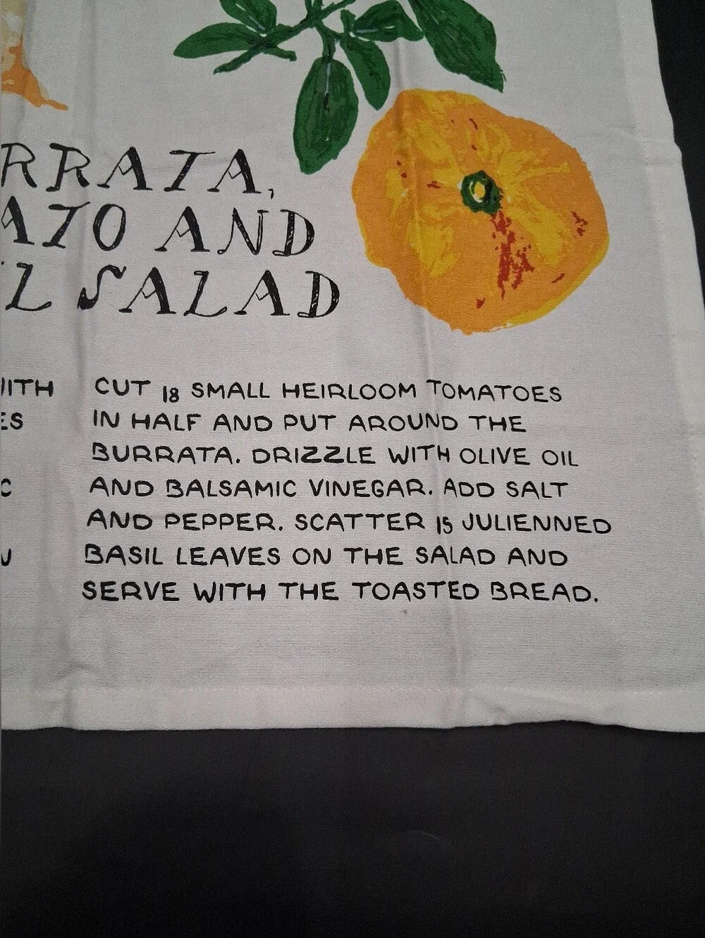 Burrata Salad Design and Recipe Tea / Dish Towel 100% Cotton 27